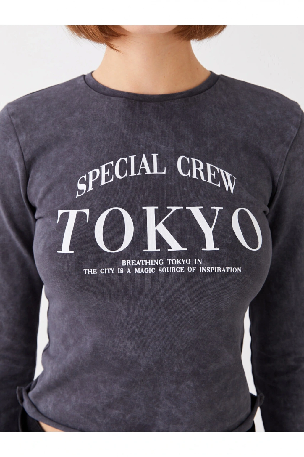 Bisiklet Yaka Baskılı Uzun Kollu Kadın Crop