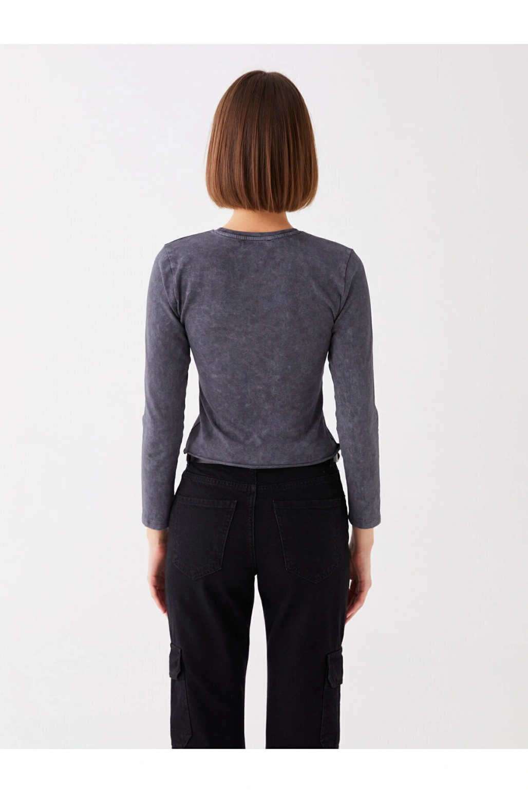 Bisiklet Yaka Baskılı Uzun Kollu Kadın Crop