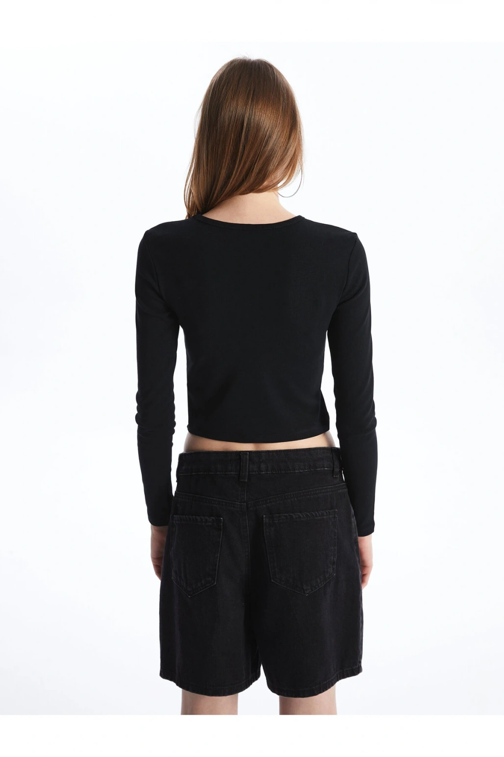 Bisiklet Yaka Baskılı Uzun Kollu Kadın Crop