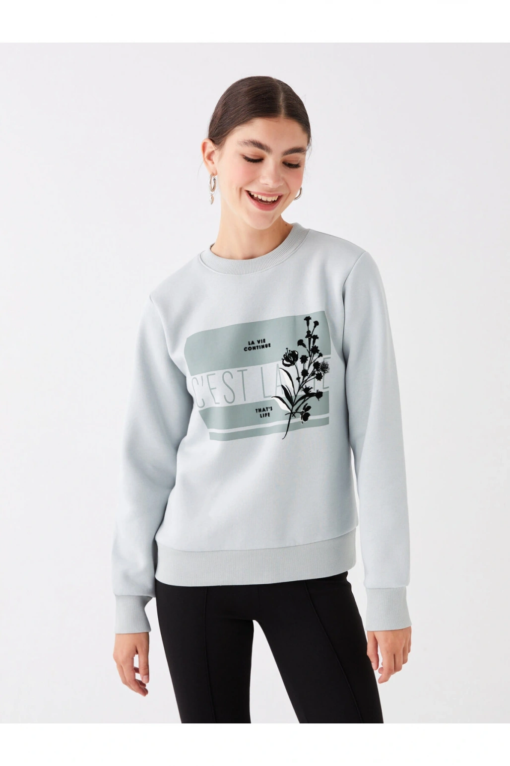 Bisiklet Yaka Baskılı Uzun Kollu Kadın Sweatshirt