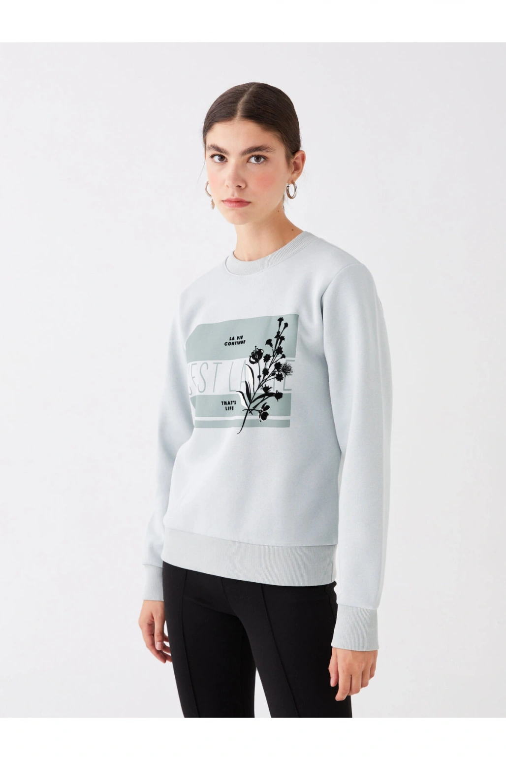 Bisiklet Yaka Baskılı Uzun Kollu Kadın Sweatshirt