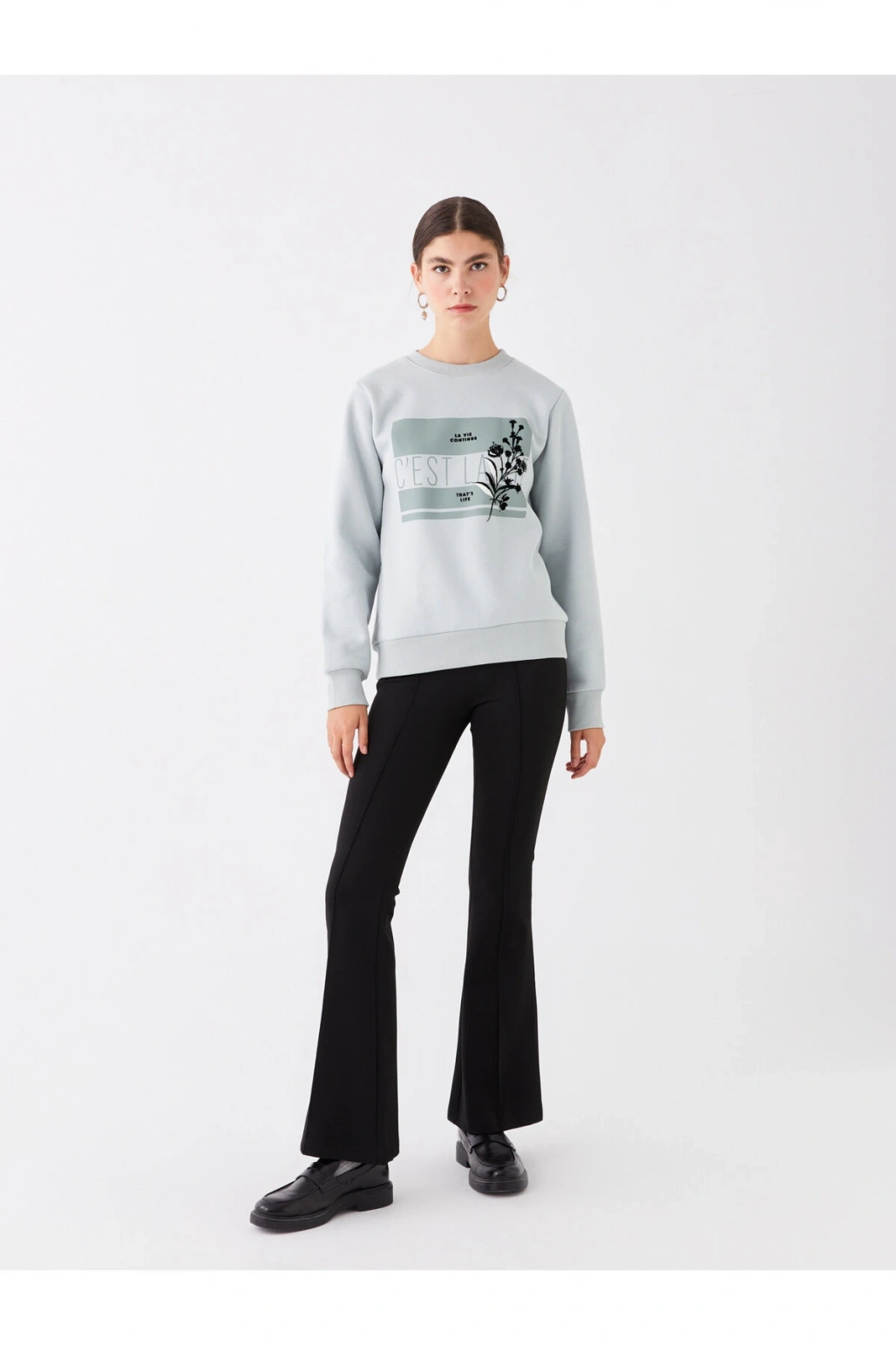 Bisiklet Yaka Baskılı Uzun Kollu Kadın Sweatshirt