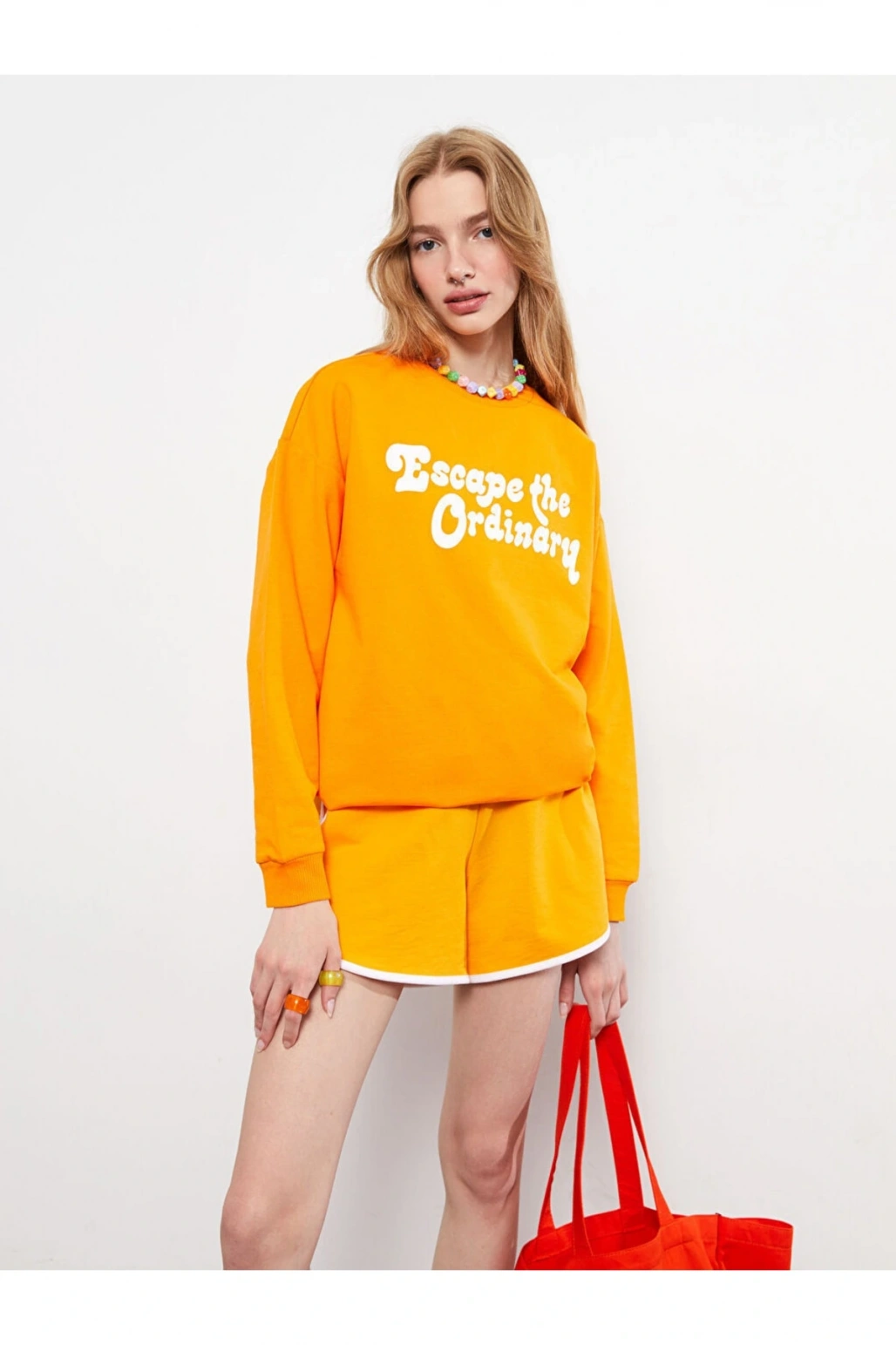 Bisiklet Yaka Baskılı Uzun Kollu Kadın Sweatshirt