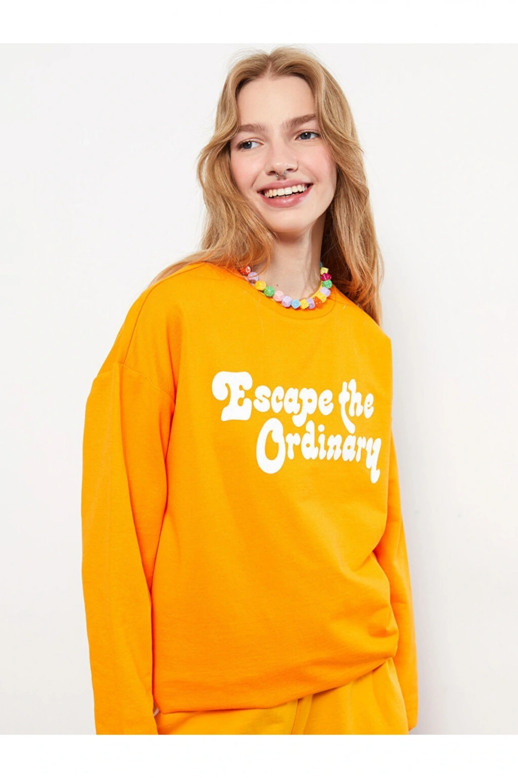 Bisiklet Yaka Baskılı Uzun Kollu Kadın Sweatshirt