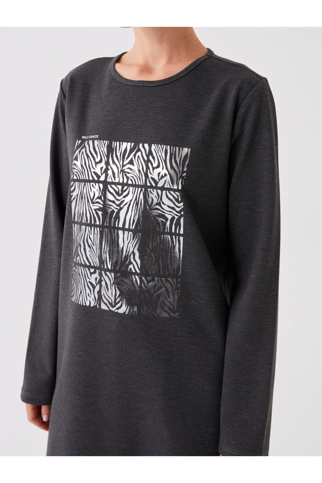 Bisiklet Yaka Baskılı Uzun Kollu Kadın Tunik