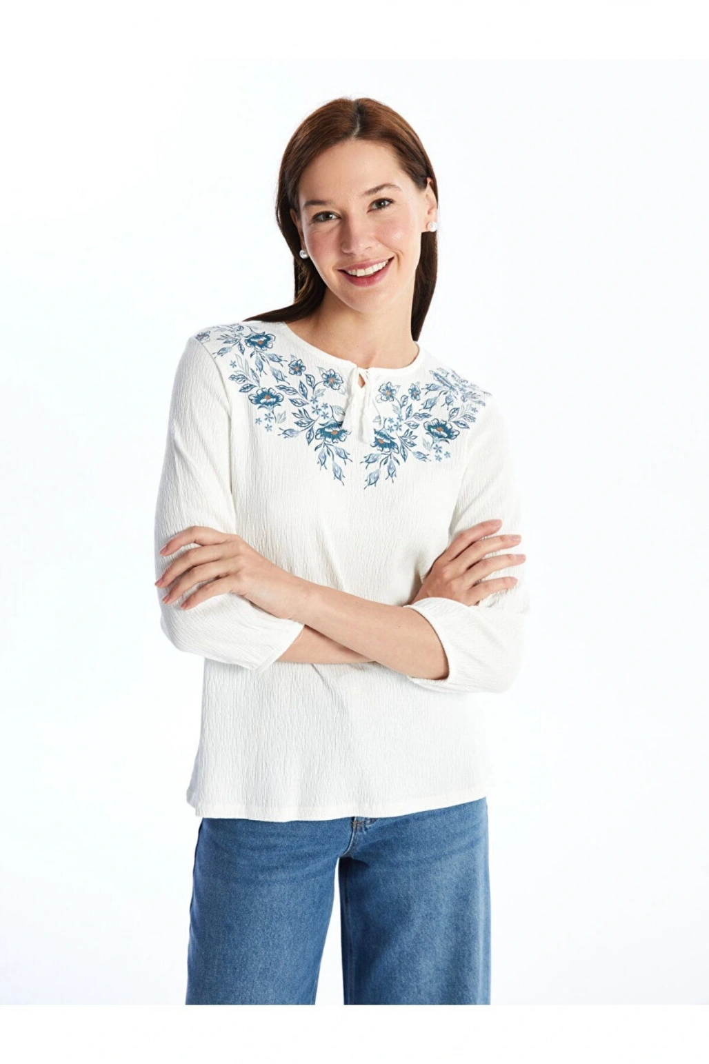 Bisiklet Yaka Çiçekli Uzun Kollu Kadın Bluz