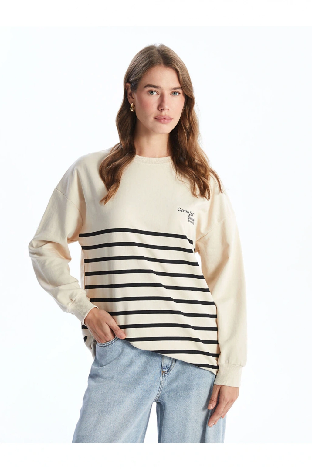 Bisiklet Yaka Çizgili Kadın Sweatshirt Tunik