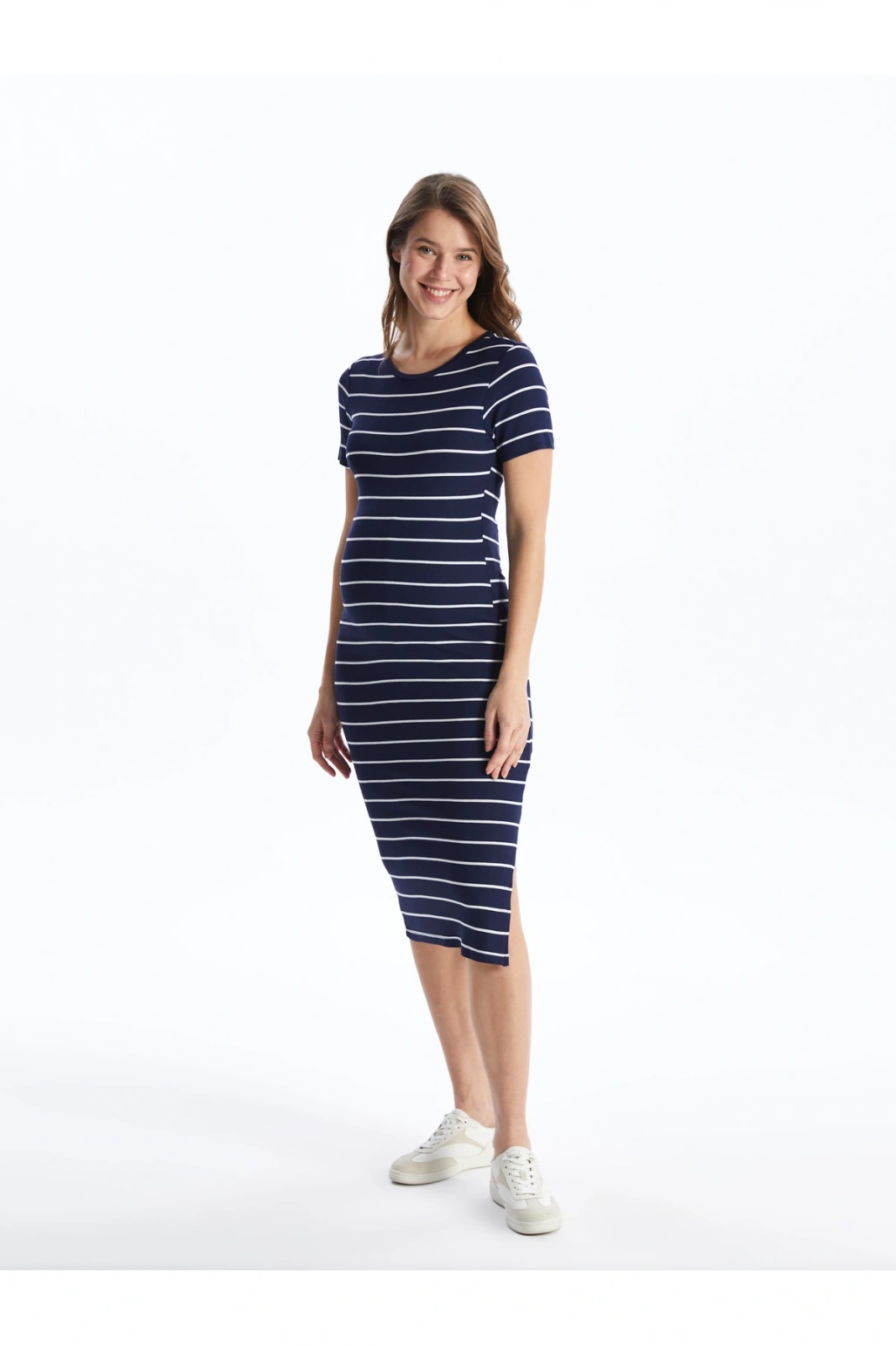 Bisiklet Yaka Çizgili Kısa Kollu Hamile Elbise