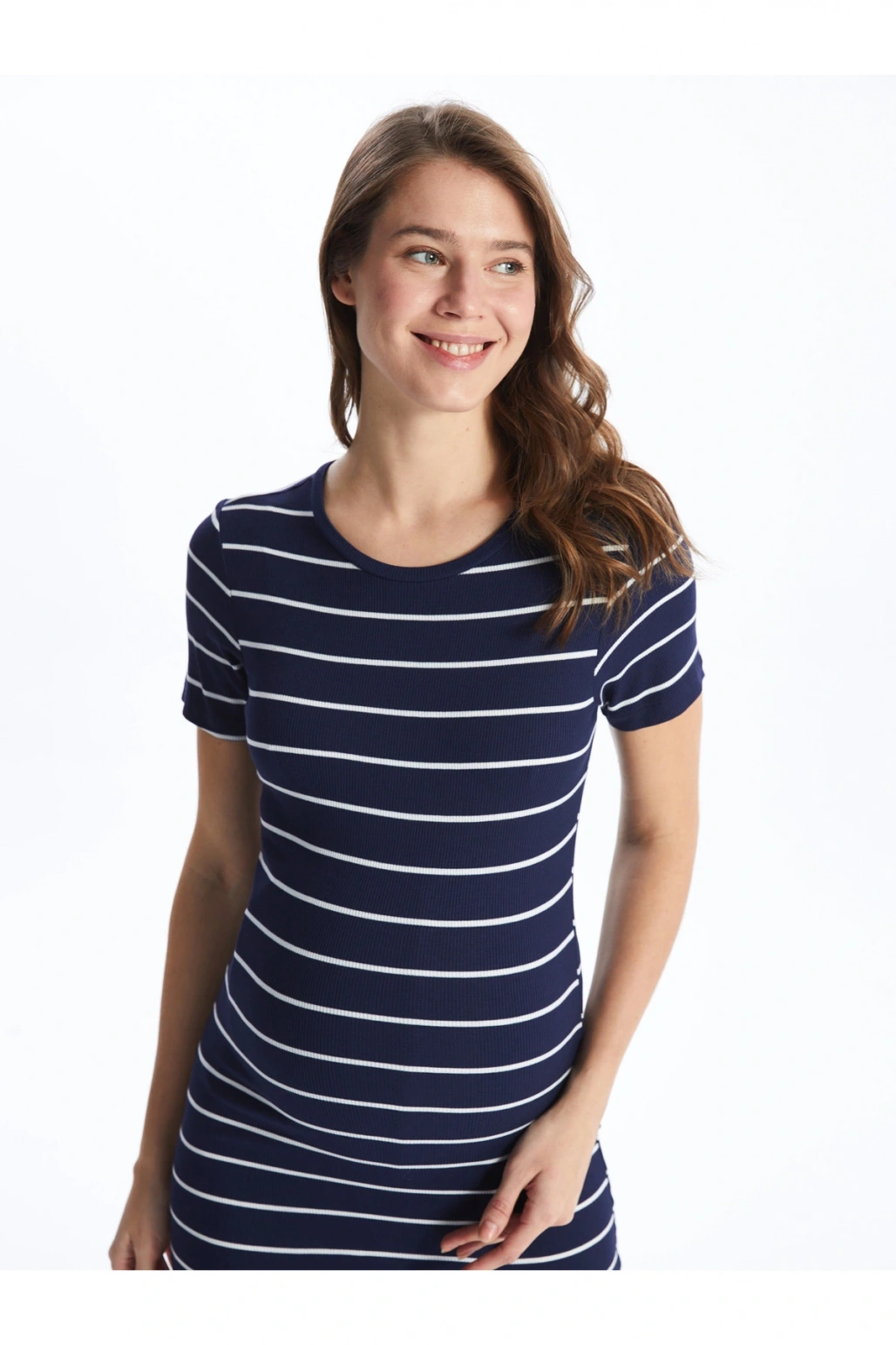 Bisiklet Yaka Çizgili Kısa Kollu Hamile Elbise