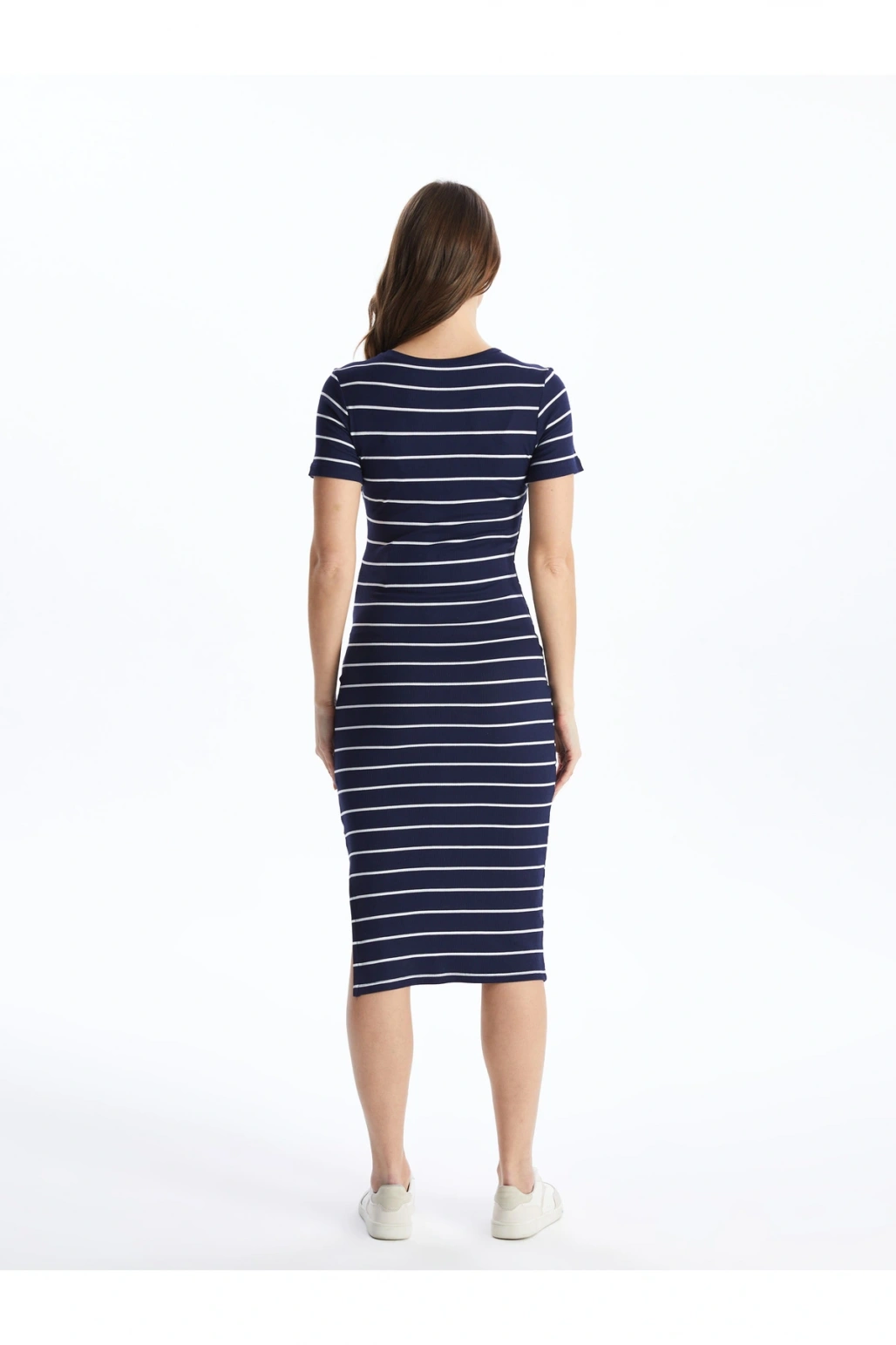 Bisiklet Yaka Çizgili Kısa Kollu Hamile Elbise