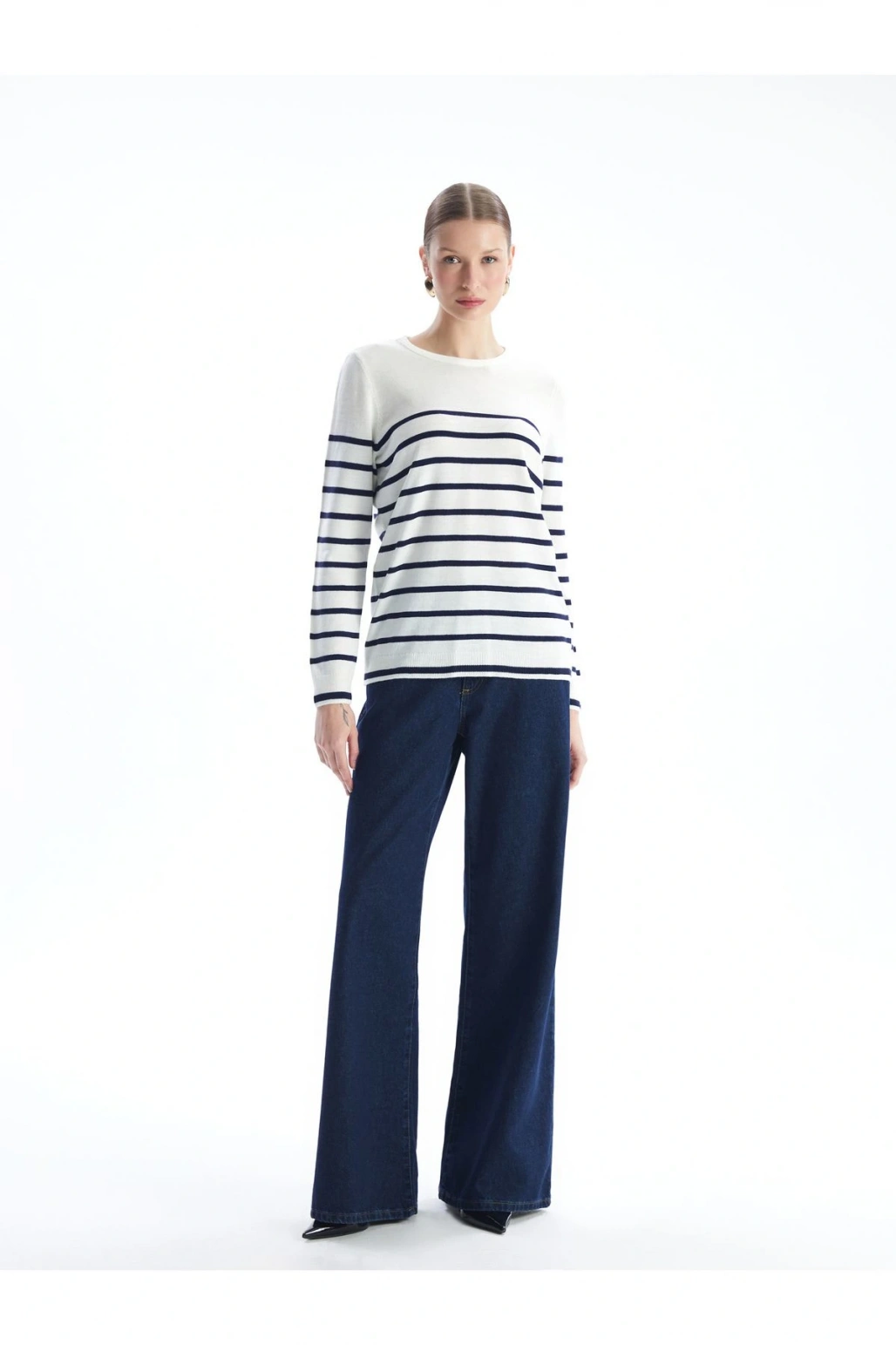 Bisiklet Yaka Cizgili Uzun Kollu Kadin Triko Kazak - W4bq74z8