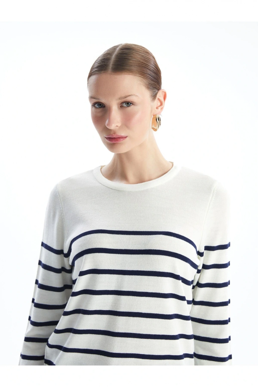 Bisiklet Yaka Cizgili Uzun Kollu Kadin Triko Kazak - W4bq74z8