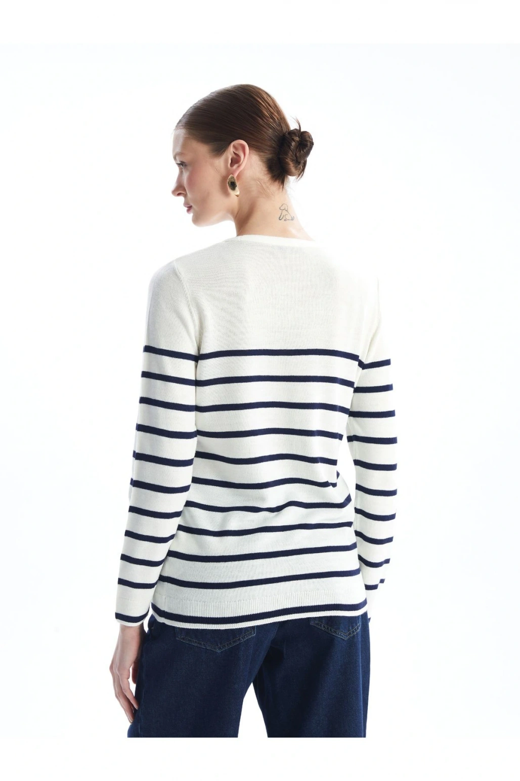 Bisiklet Yaka Cizgili Uzun Kollu Kadin Triko Kazak - W4bq74z8