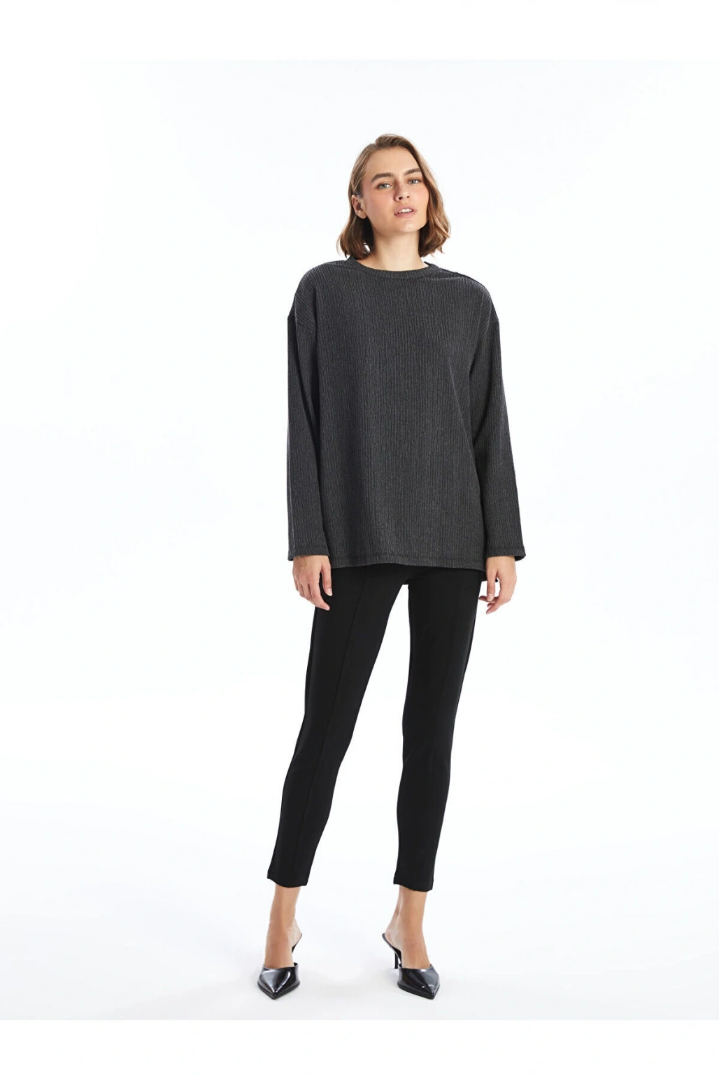 Bisiklet Yaka Düz Uzun Kollu Oversize Kadın Bluz