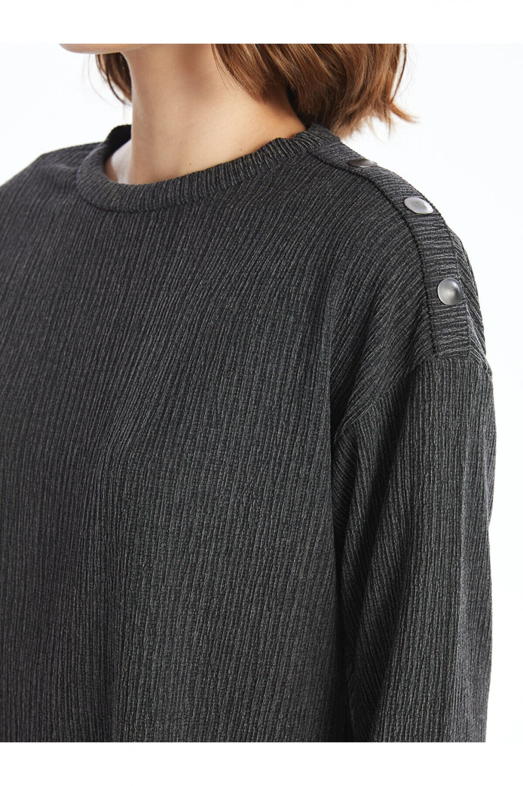 Bisiklet Yaka Düz Uzun Kollu Oversize Kadın Bluz