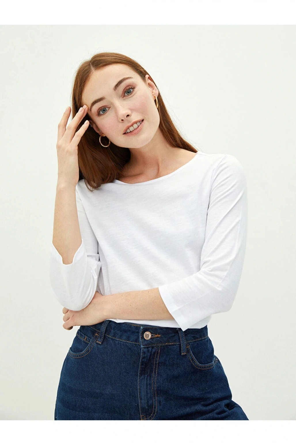 Bisiklet Yaka Düz Uzun Kollu Pamuklu Kadın Tişört