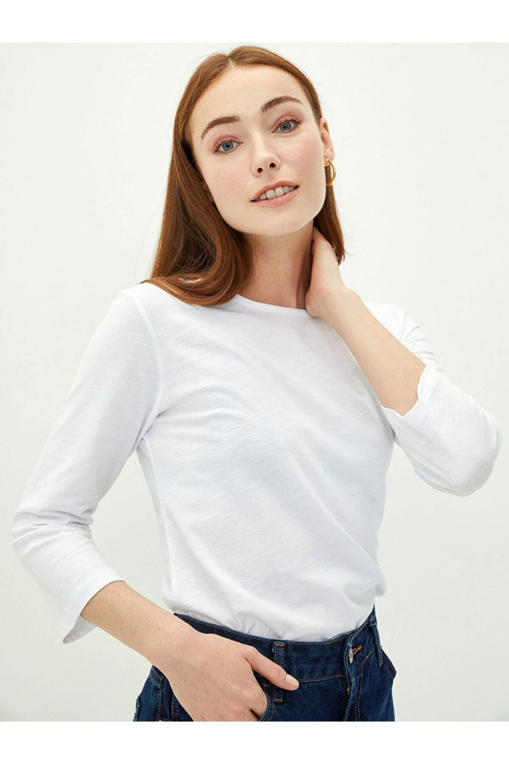 Bisiklet Yaka Düz Uzun Kollu Pamuklu Kadın Tişört