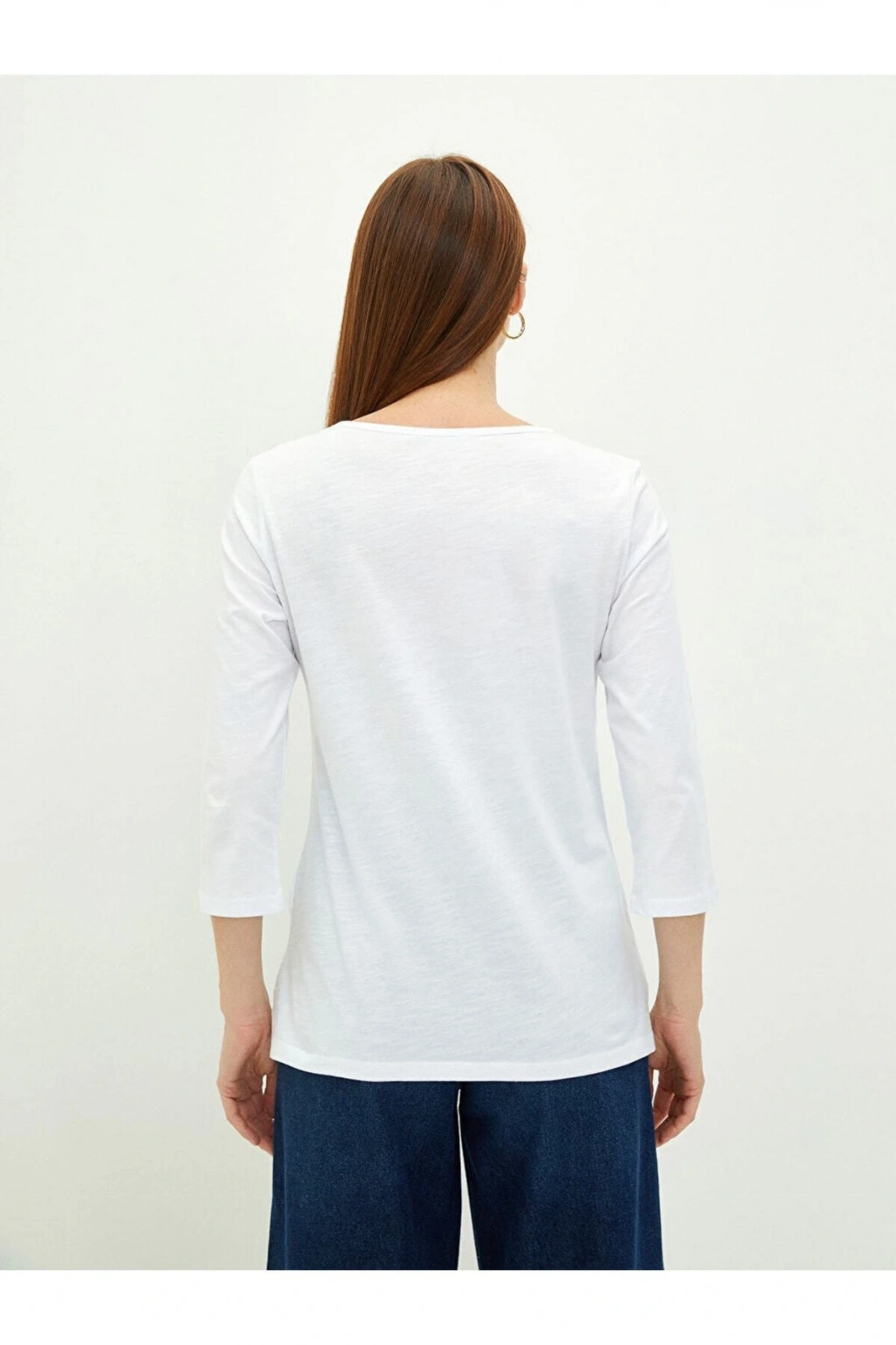 Bisiklet Yaka Düz Uzun Kollu Pamuklu Kadın Tişört