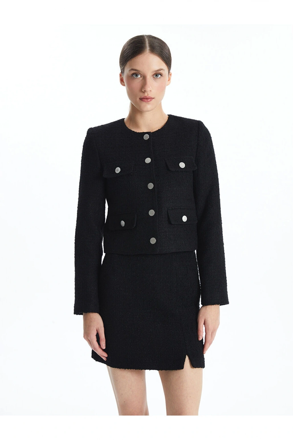 Bisiklet Yaka Ekose Kadın Tüvit Ceket