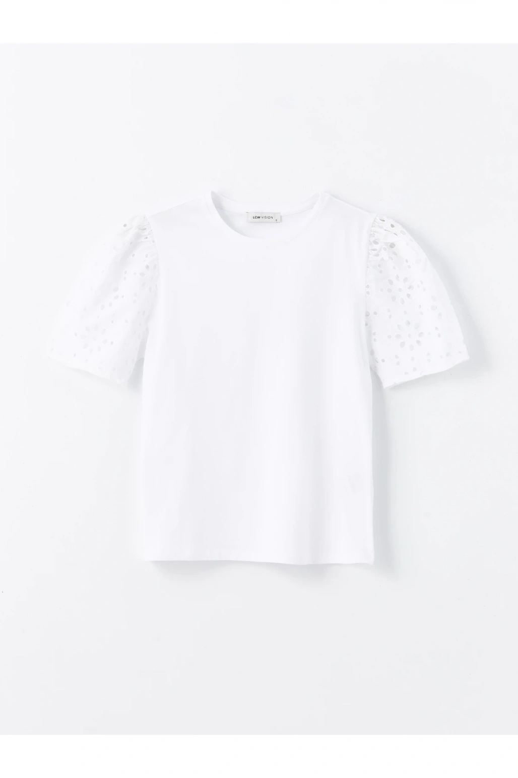 LCW Vision Beyaz Bisiklet Yaka Kendinden Desenli Kısa Kollu Kadın Bluz