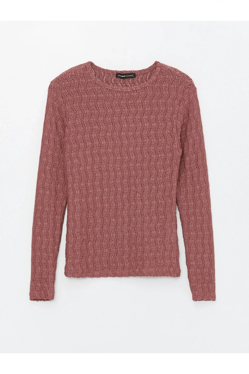 Bisiklet Yaka Kendinden Desenli Uzun Kollu Kadın Tişört