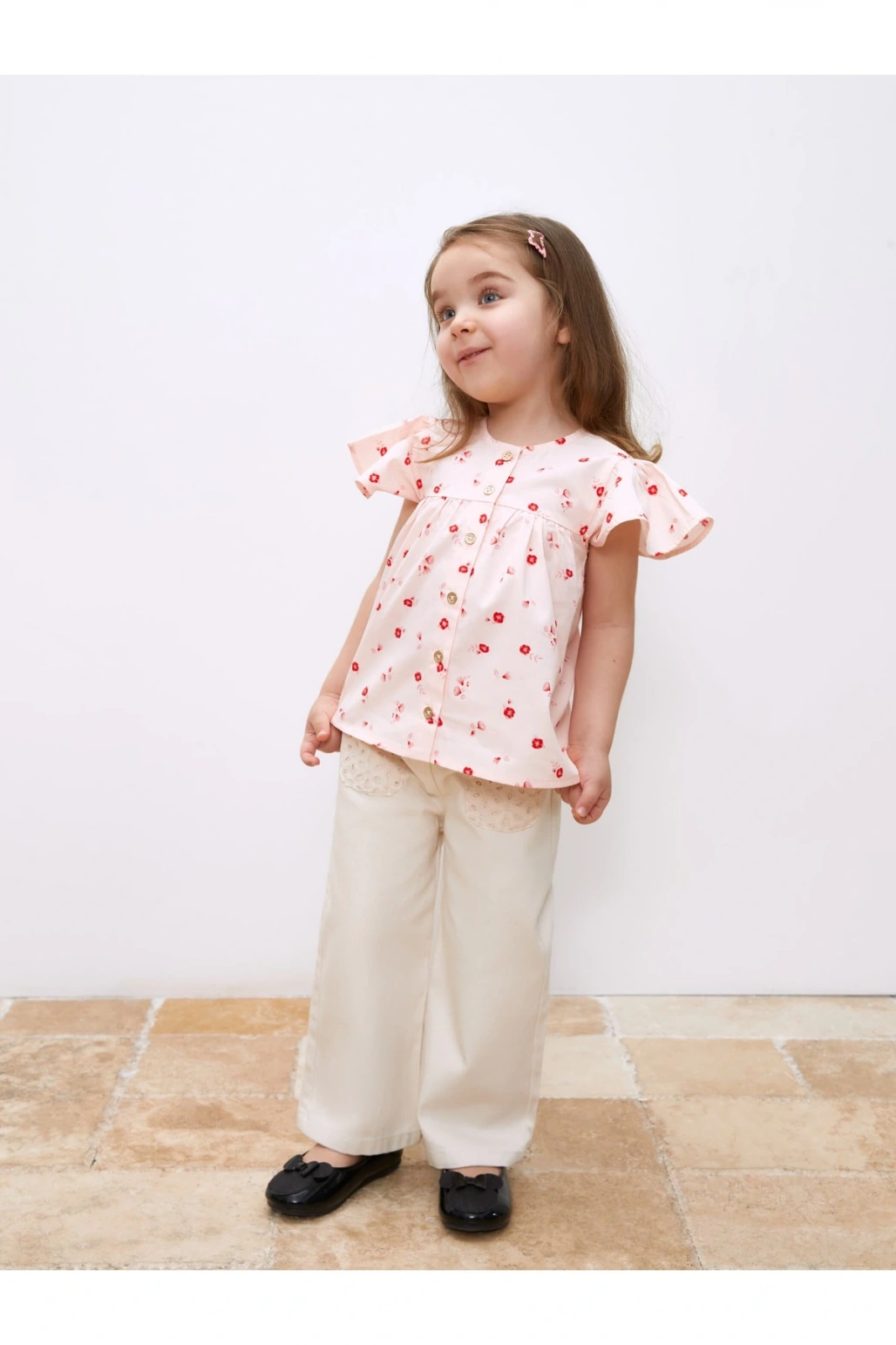 Bisiklet Yaka Kısa Kollu Baskılı Kız Bebek Gömlek