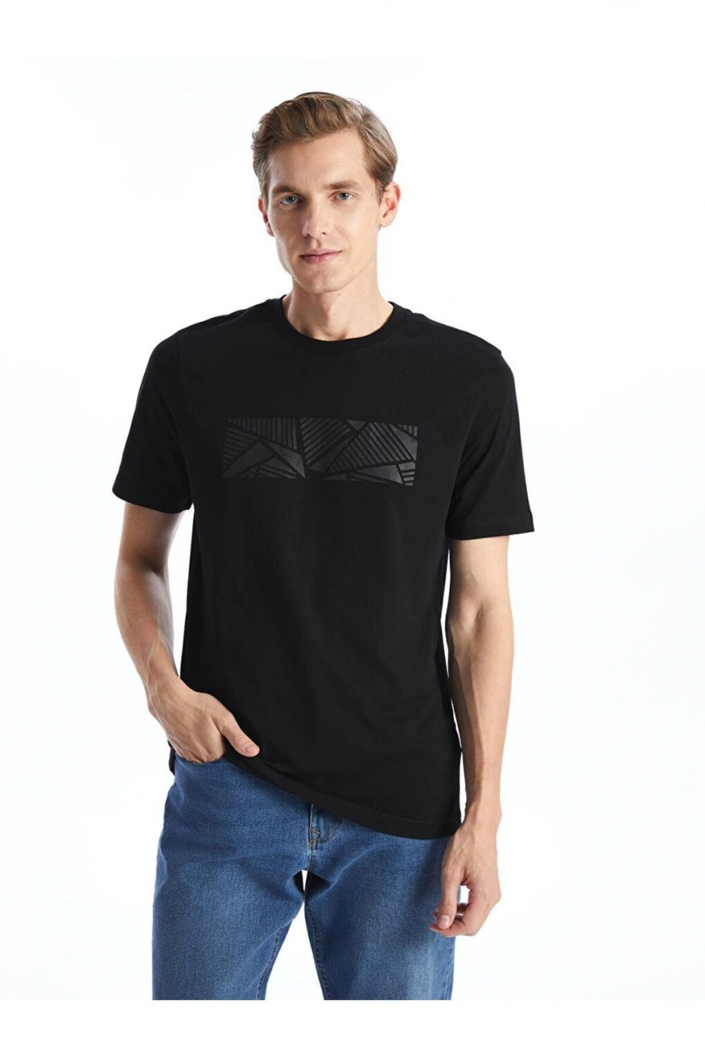 Bisiklet Yaka Kısa Kollu Baskılı Penye Erkek Tişört (S5)