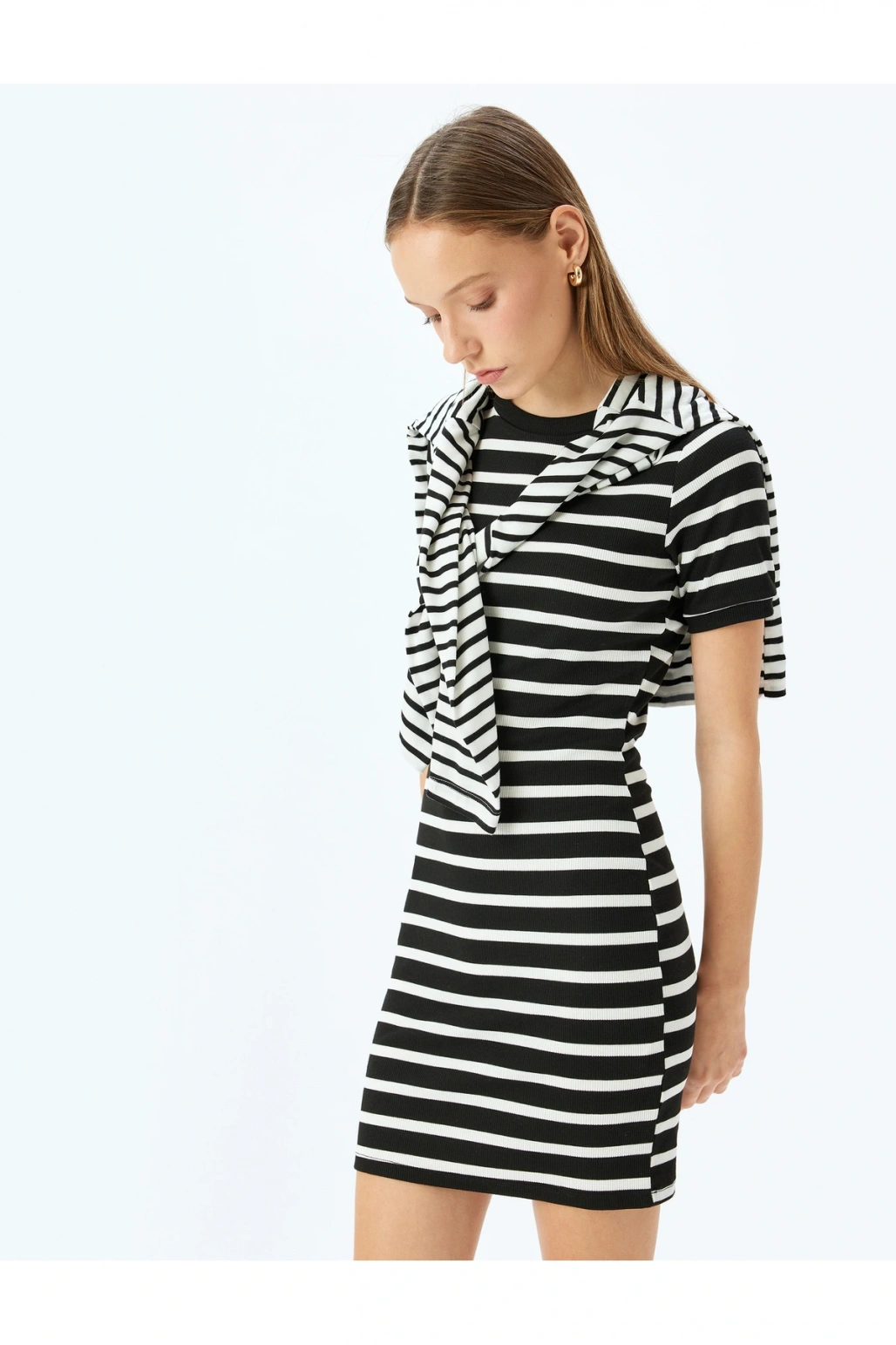 Bisiklet Yaka Kısa Kollu Fitilli Mini Bodycon Elbise