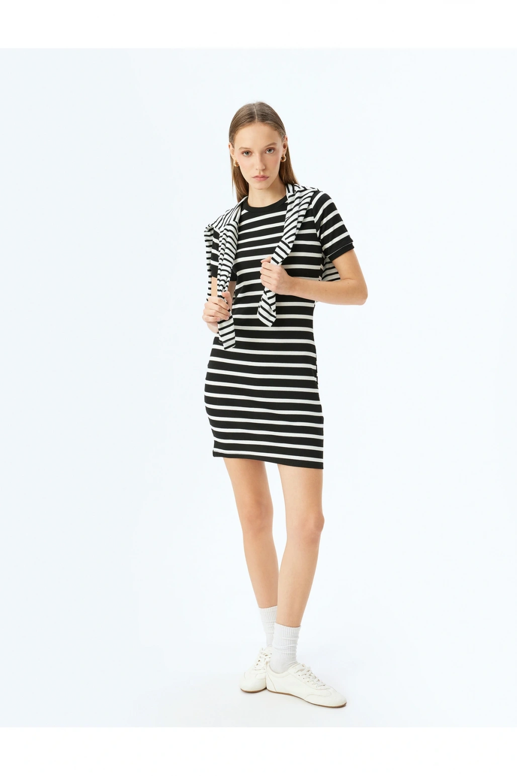 Bisiklet Yaka Kısa Kollu Fitilli Mini Bodycon Elbise