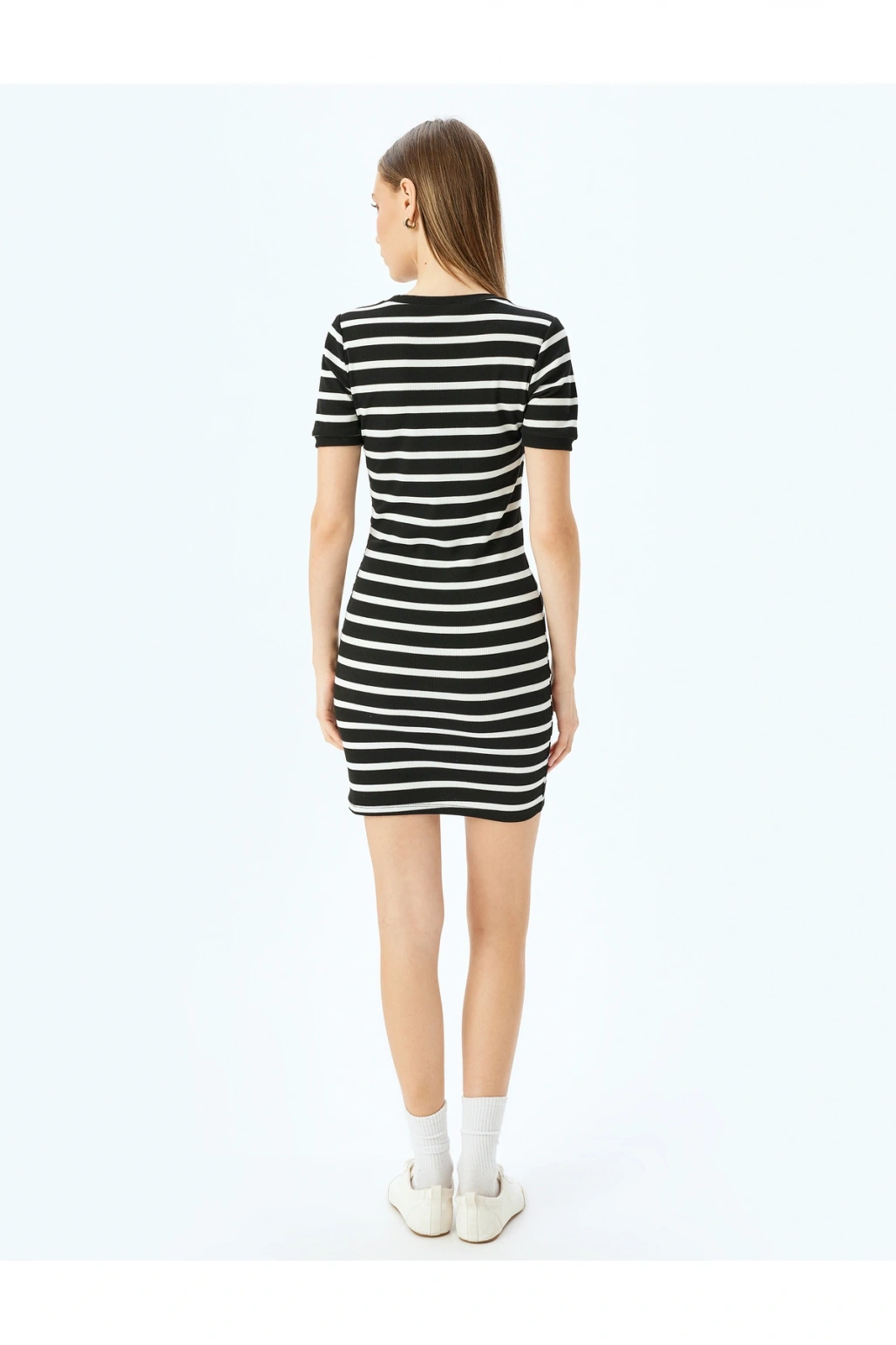 Bisiklet Yaka Kısa Kollu Fitilli Mini Bodycon Elbise