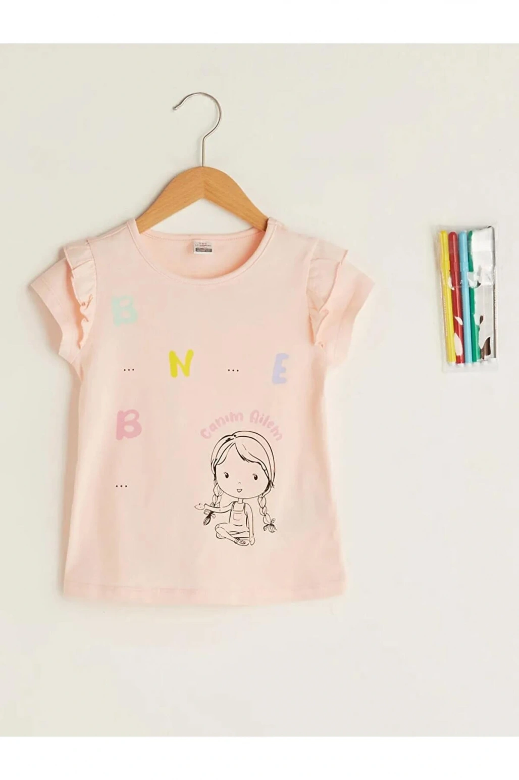 Bisiklet Yaka Kısa Kollu Pamuklu Kız Bebek Tişört ve Boya Kalemi