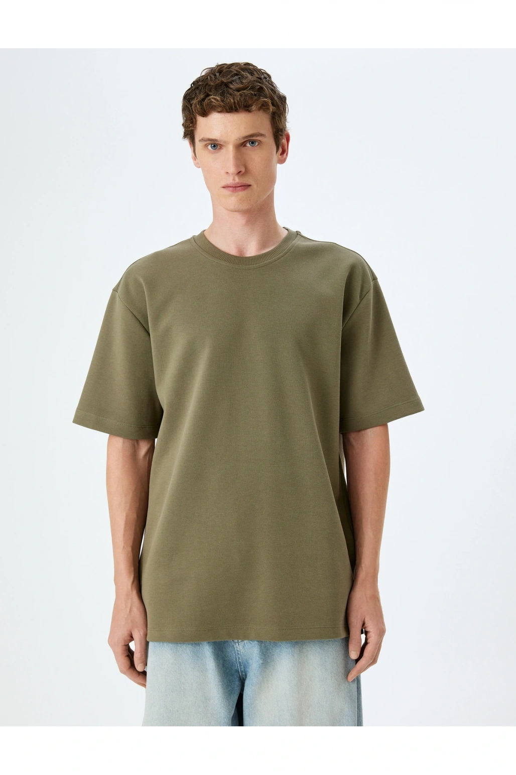 Bisiklet Yaka Pamuklu Pike Tok Kumaş Kısa Kollu Oversize Tişört