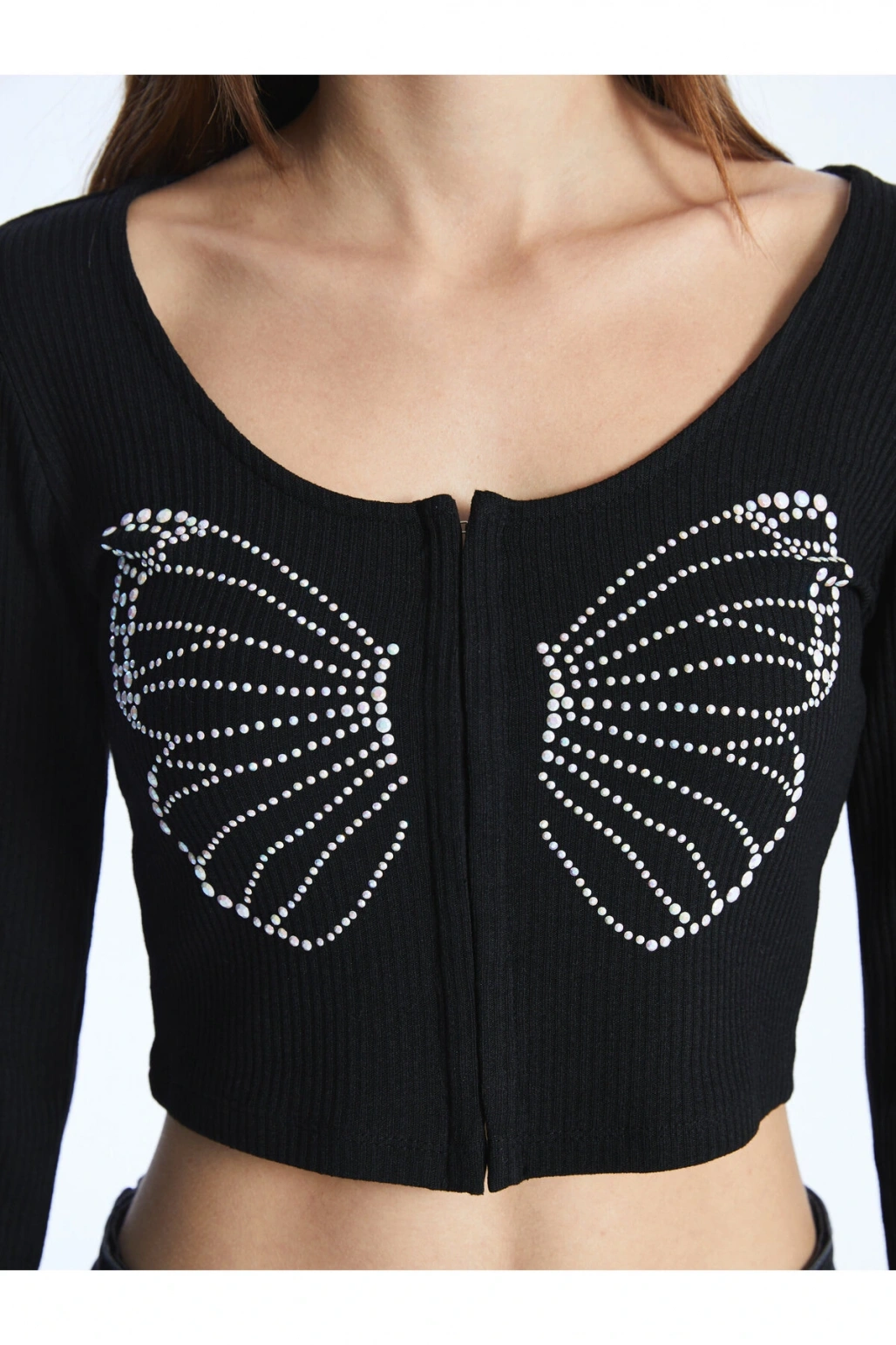 Bisiklet Yaka Taş Baskılı Uzun Kollu Kadın Hırka