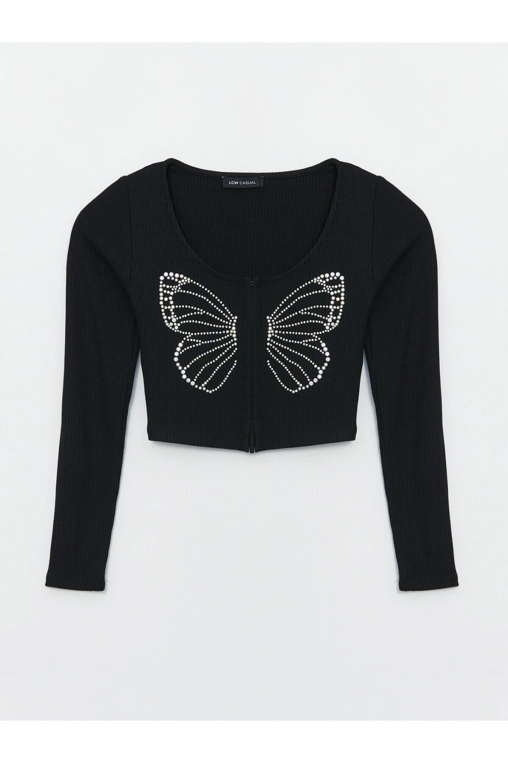 Bisiklet Yaka Taş Baskılı Uzun Kollu Kadın Hırka