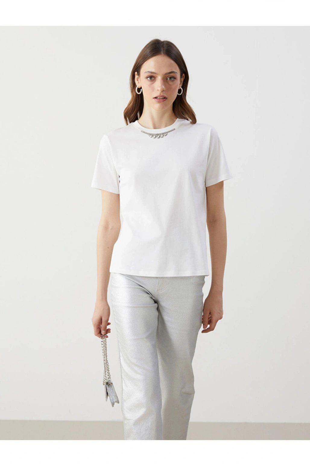 Bisiklet Yaka Tasli Kadin Tisort - S5KG61Z8