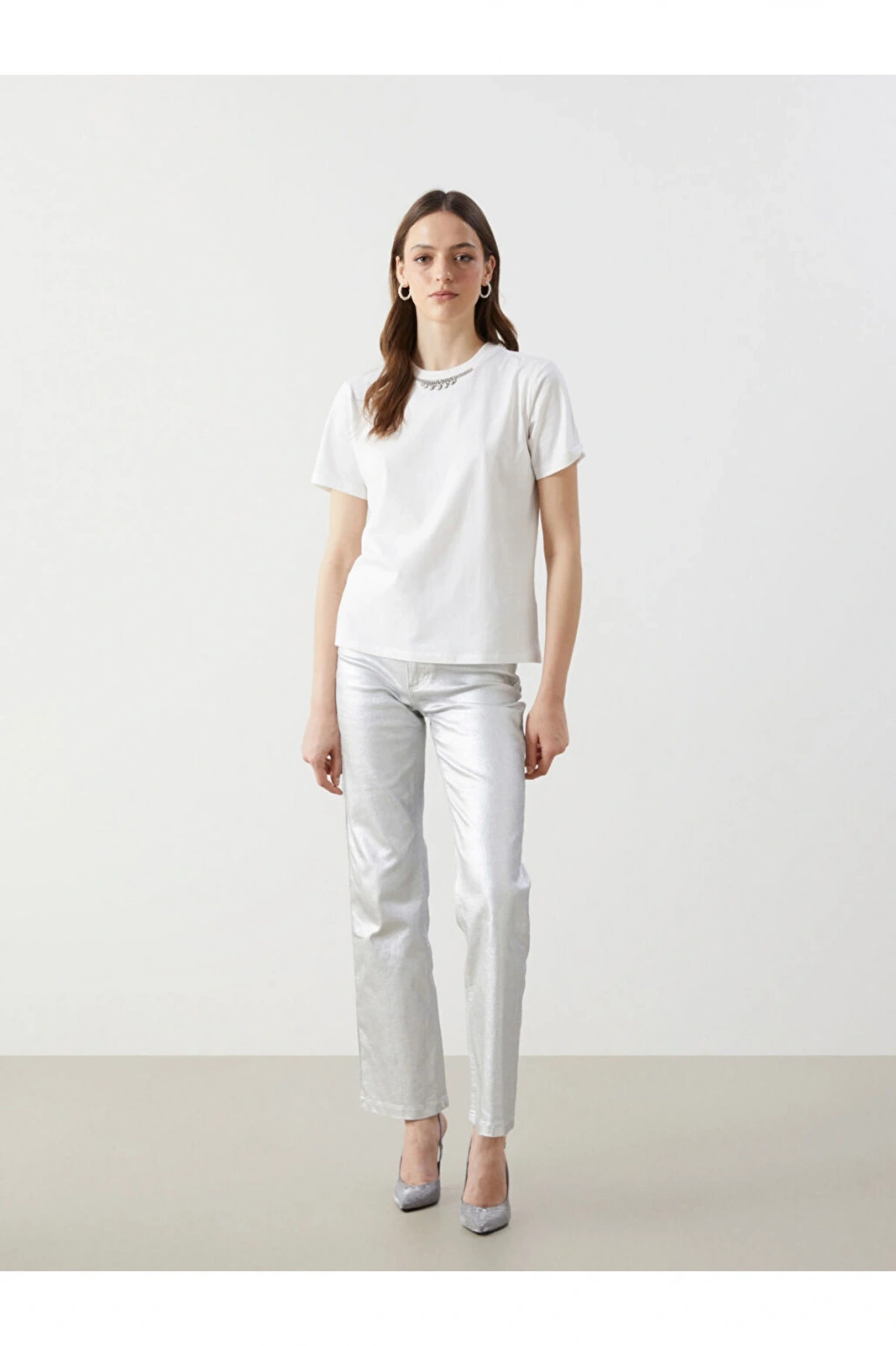 Bisiklet Yaka Tasli Kadin Tisort - S5KG61Z8