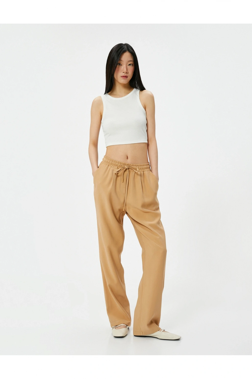 Bol Paça Pantolon Viskoz Kumaş Beli Bağlamalı Cepli