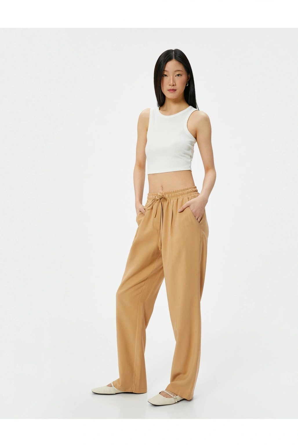 Bol Paça Pantolon Viskoz Kumaş Beli Bağlamalı Cepli