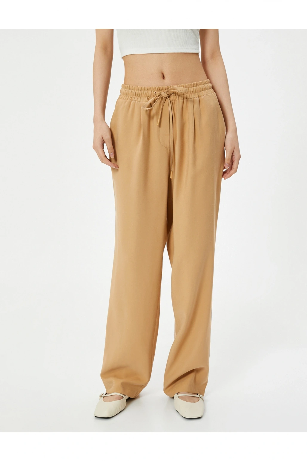 Bol Paça Pantolon Viskoz Kumaş Beli Bağlamalı Cepli