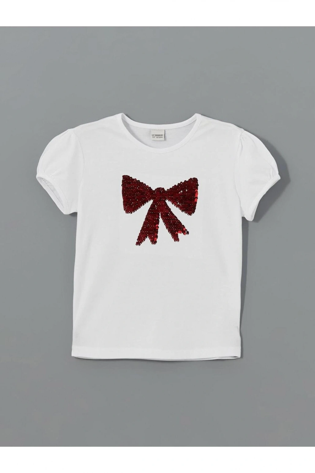 Buxe Beyazı LCW Kids Beyaz Bisiklet Yaka Çift Yönlü Payetli Kız Çocuk Tişört