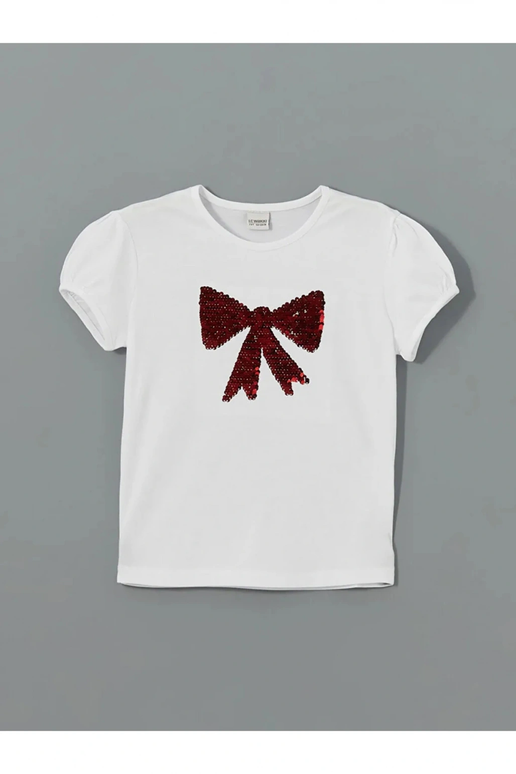 Buxe Beyazı LCW Kids Beyaz Bisiklet Yaka Çift Yönlü Payetli Kız Çocuk Tişört