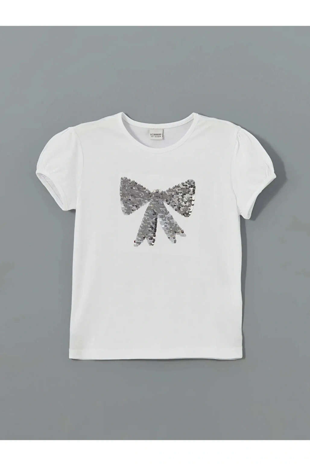 Buxe Beyazı LCW Kids Beyaz Bisiklet Yaka Çift Yönlü Payetli Kız Çocuk Tişört