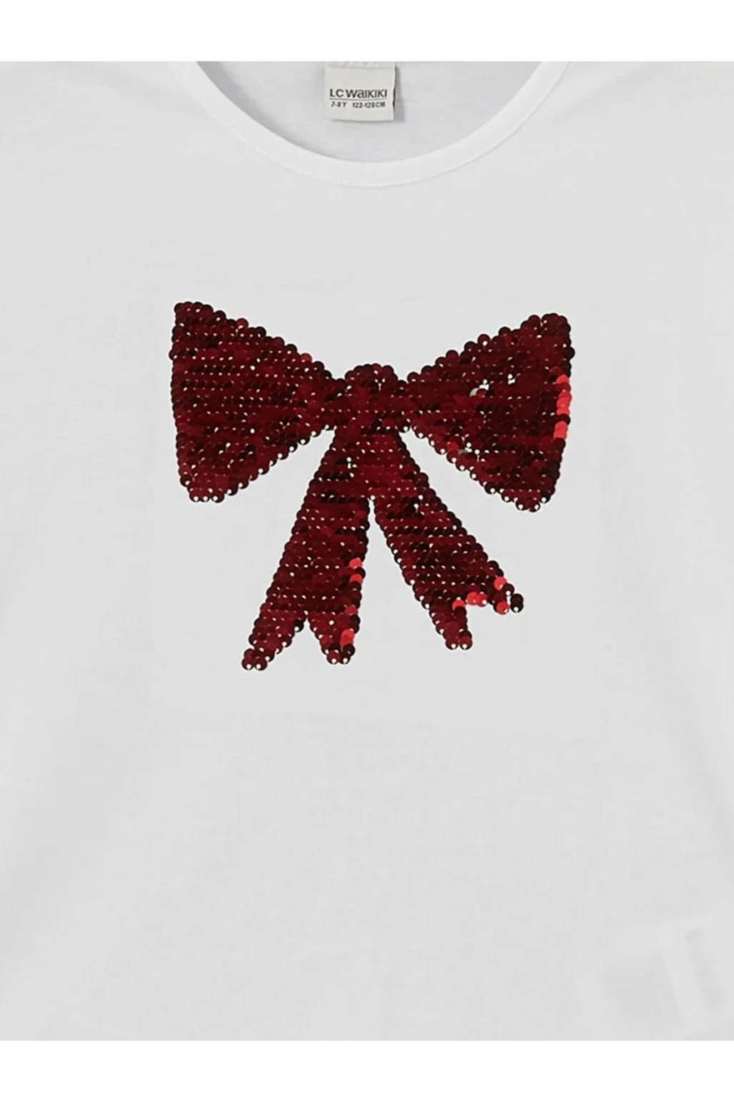 Buxe Beyazı LCW Kids Beyaz Bisiklet Yaka Çift Yönlü Payetli Kız Çocuk Tişört