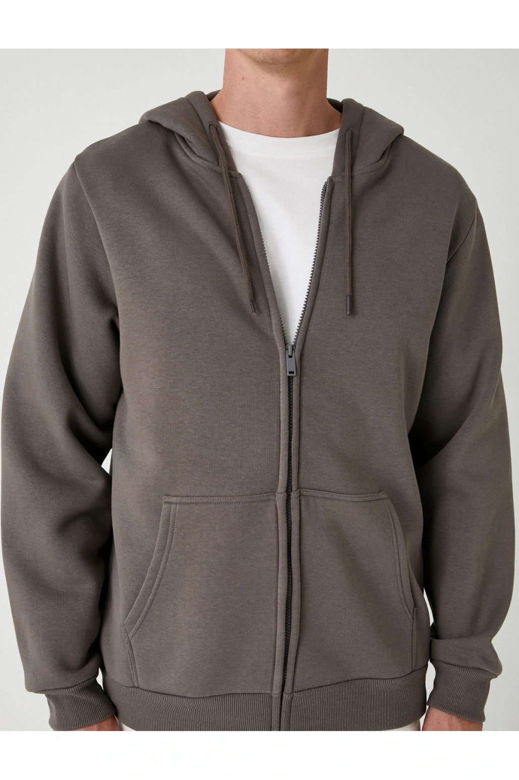 Cep Detaylı Şardonlu Fermuarlı Pamuklu Basic Kapşonlu Sweatshirt