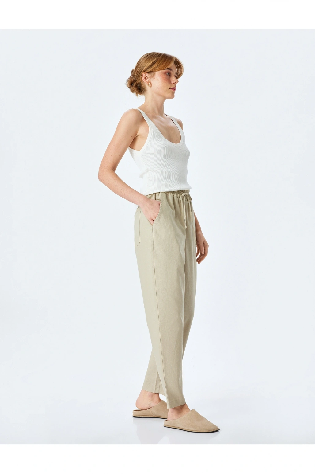 Cepli Beli Bağcıklı Bej Kadın Pantolon 5SAK40277PW