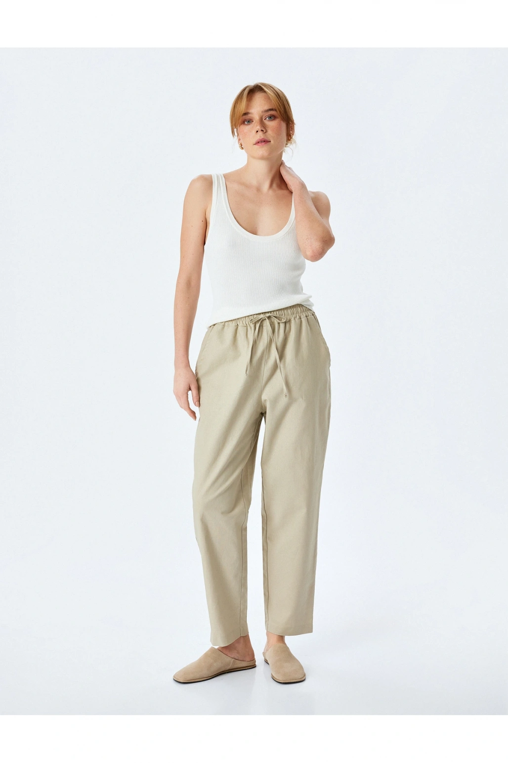 Cepli Beli Bağcıklı Bej Kadın Pantolon 5SAK40277PW