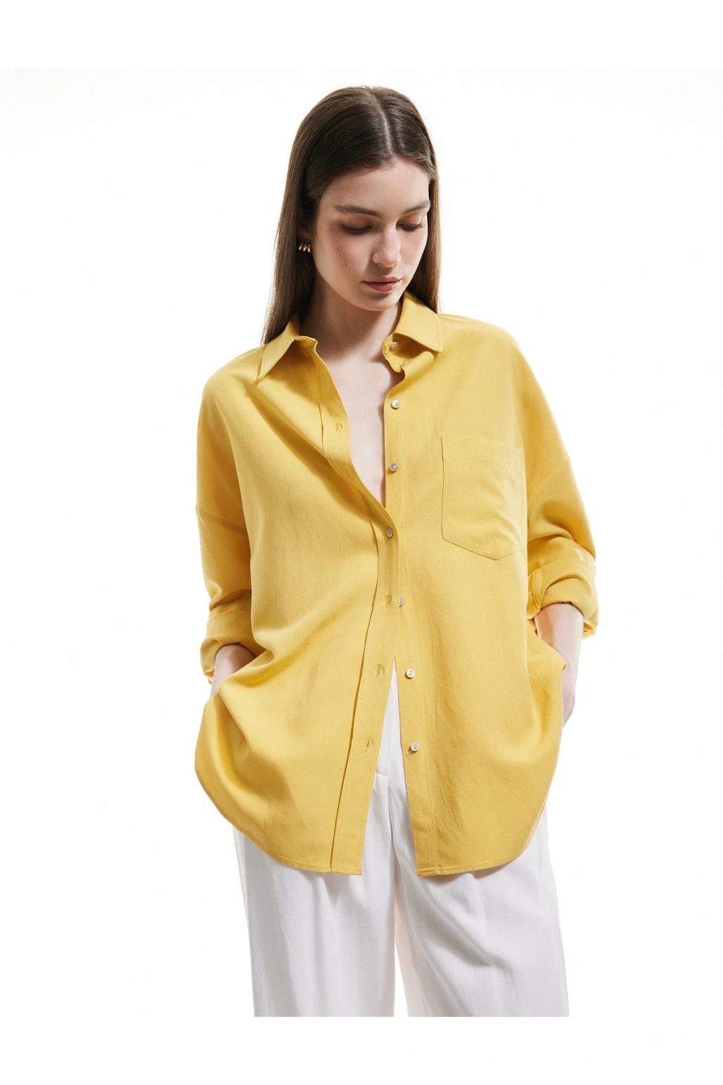 Cepli Viskon Keten Karışımlı Uzun Kollu Gömlek