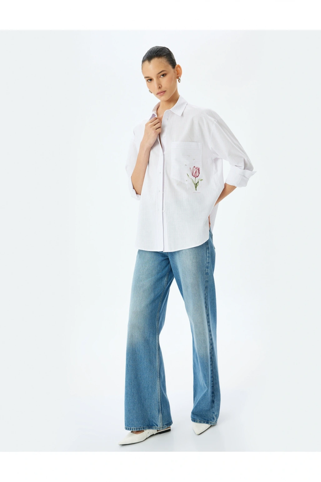 Çiçek Baskı Detaylı Taşlı Oversize Pembe Kadın Gömlek 5SAK60198UW