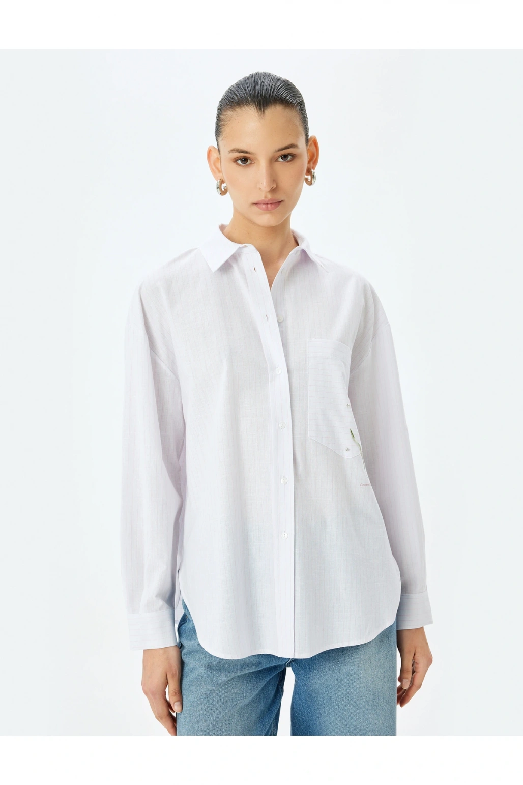 Çiçek Baskı Detaylı Taşlı Oversize Pembe Kadın Gömlek 5SAK60198UW