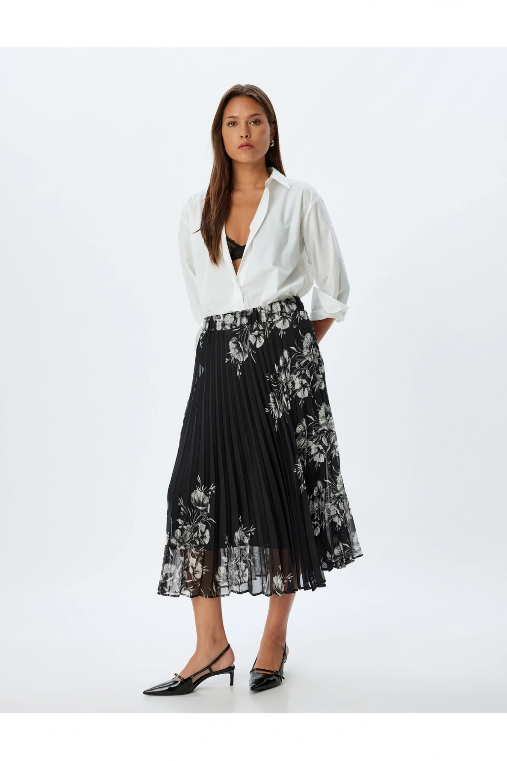 Çiçekli Pileli Etek Midi Boy Standart Bel Astarlı